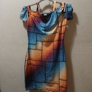 Rainbow Colorful Patchwork Mini Dress Medium Excellent Condition
